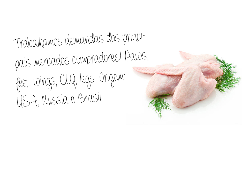 Trabalhamos demandas dos principais mercados compradores! Paws, feet, wings, CLQ, legs.. Origem: USA, Russia e Brasil