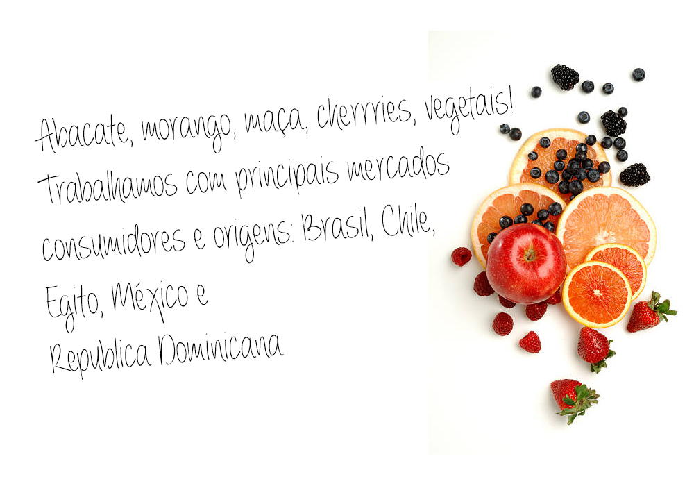 Abacate, morango, maça, cherrries, vegetais! Trabalhamos com principais mercados consumidores e origens: Brasil, Chile, Egito, México e Republica Dominicana